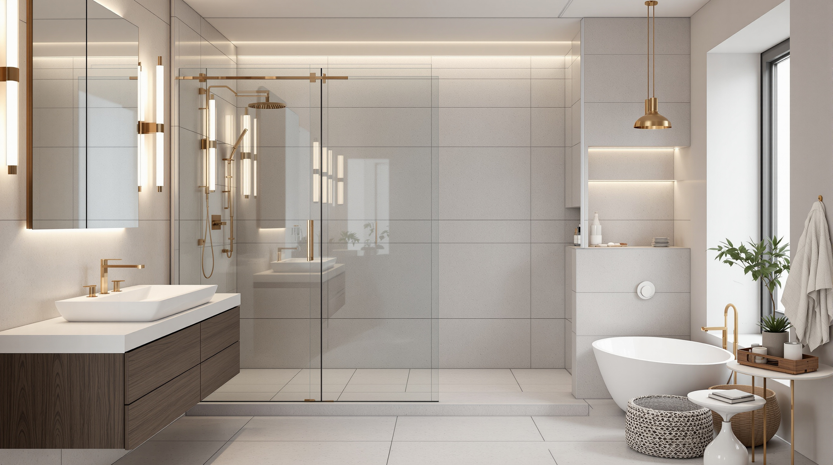 Baño reformado moderno con ducha de obra y mampara de cristal