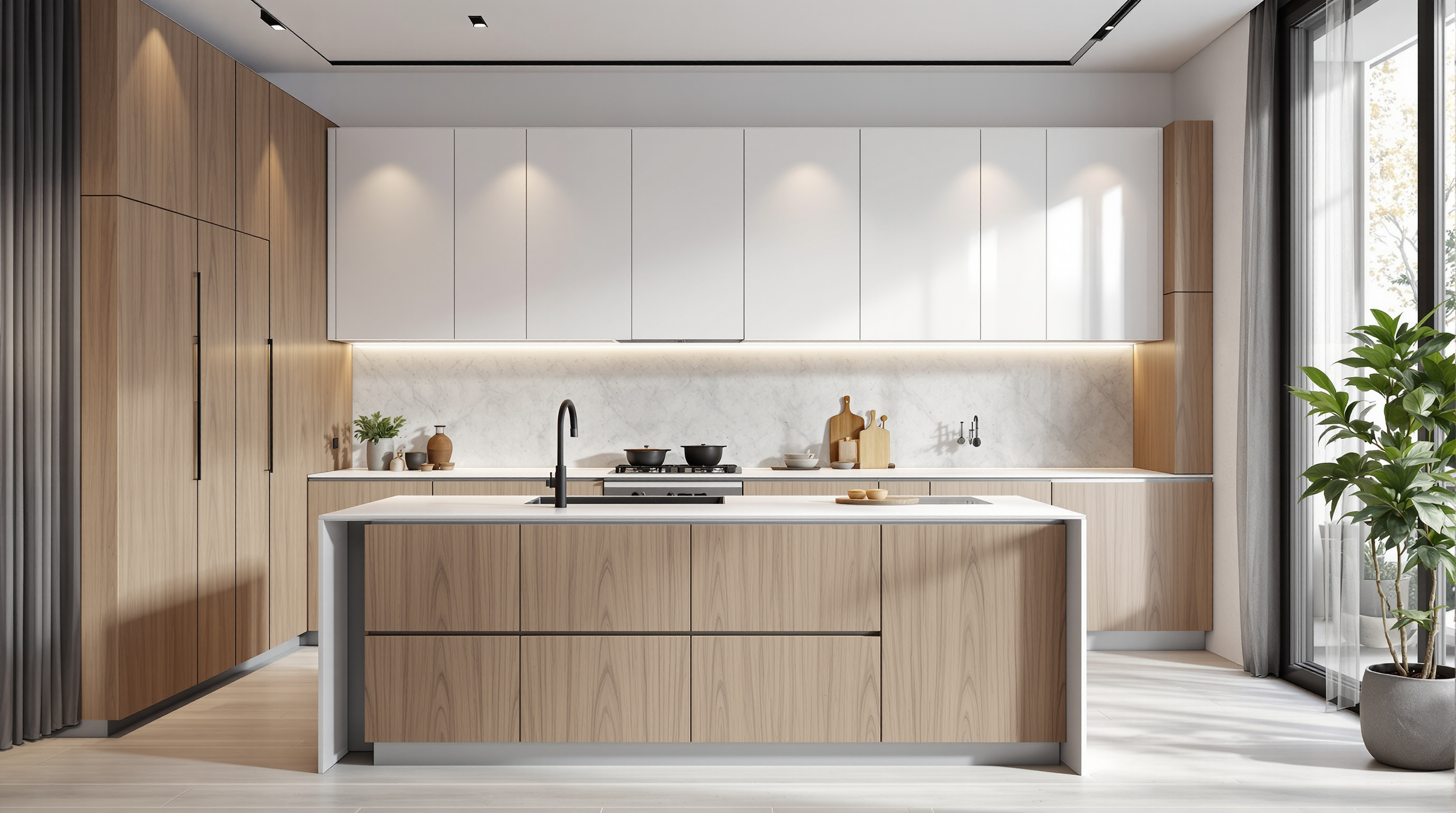 Cocina reformada moderna con isla central en un piso de Barcelona